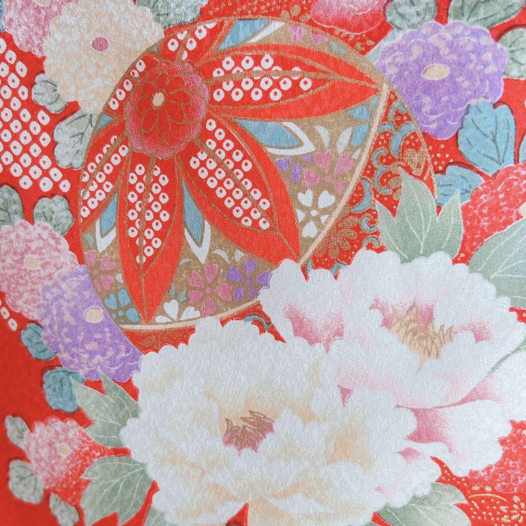 七五三美品フルセット７歳女の子新品未使用着物長襦袢丸帯草履バッグ小物化繊赤地菊梅