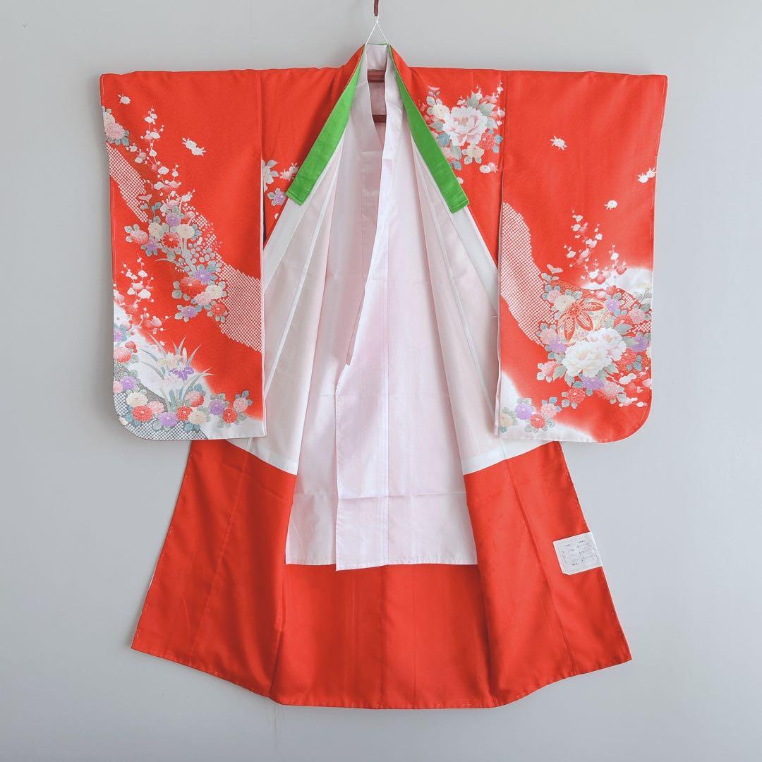 七五三美品フルセット７歳女の子新品未使用着物長襦袢丸帯草履バッグ小物化繊赤地菊梅