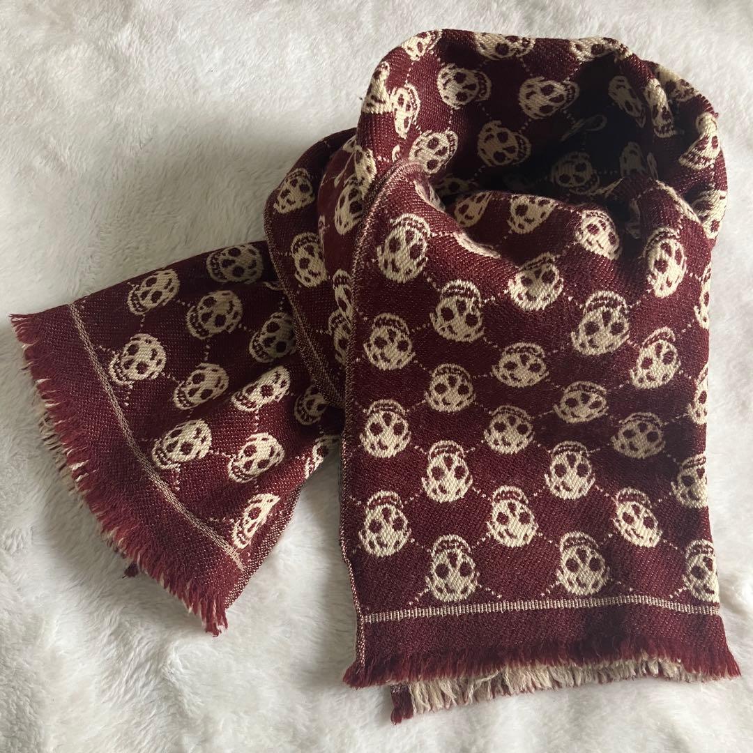 アレキサンダーマックイーン ウール スカルジャガード フリンジマフラー ブラウン