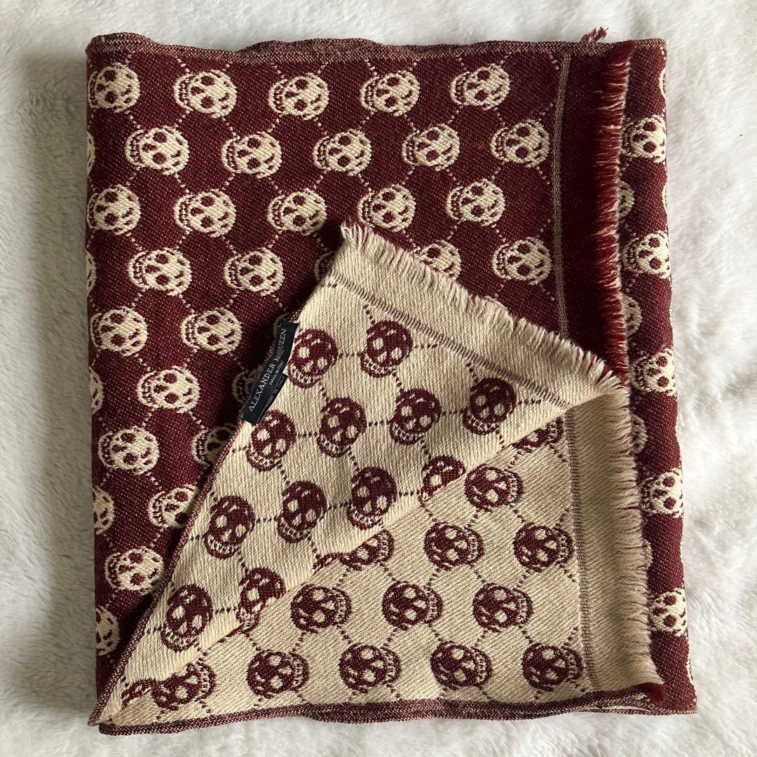 アレキサンダーマックイーン ウール スカルジャガード フリンジマフラー ブラウン