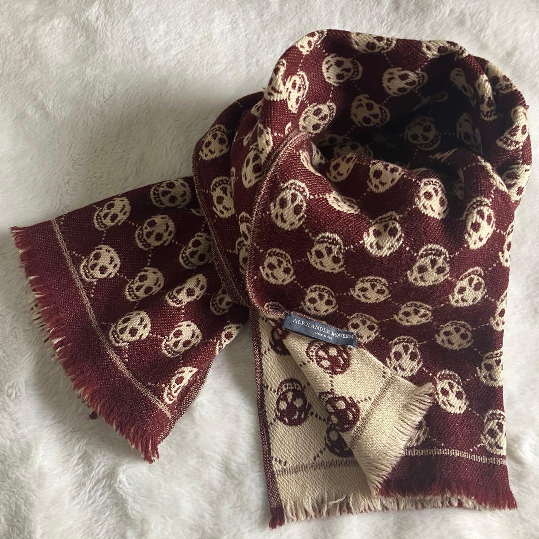 アレキサンダーマックイーン ウール スカルジャガード フリンジマフラー ブラウン