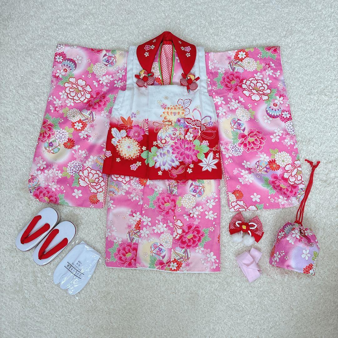 七五三 3歳 女の子 着物 被布セット ピンク 花柄 チェック