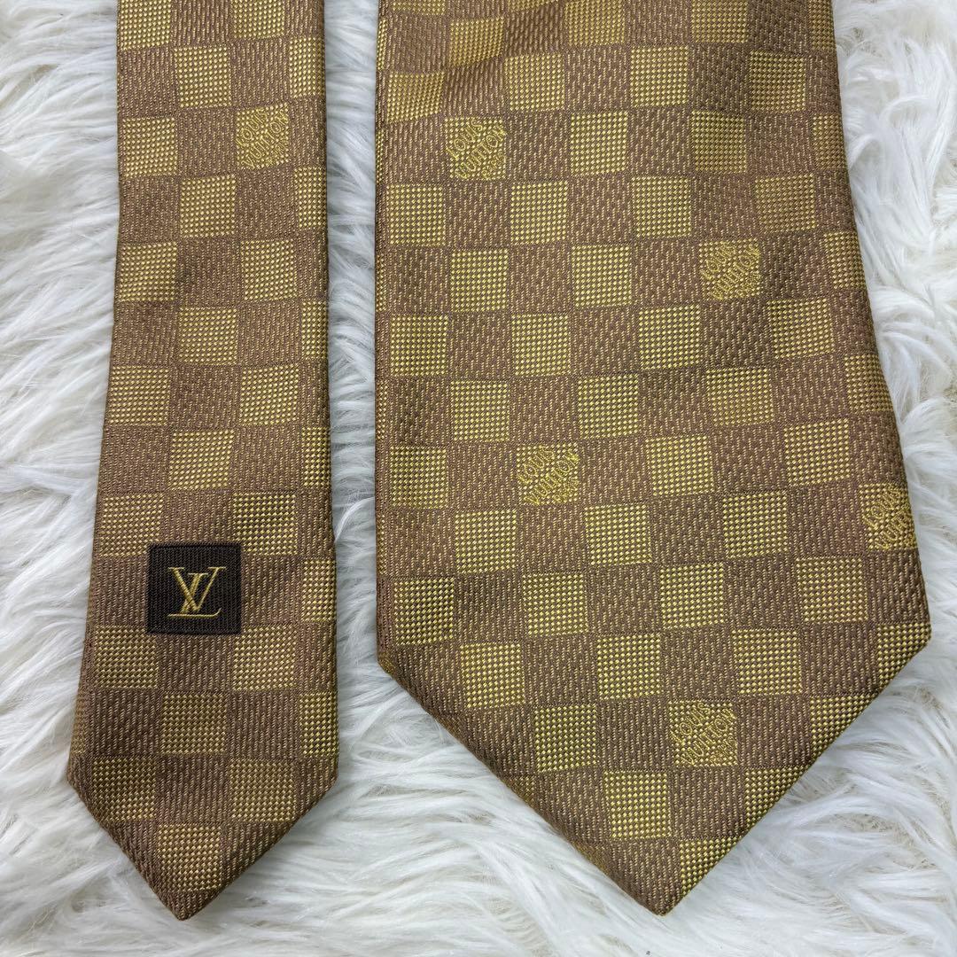 ルイヴィトン ダミエ 現行 チェック柄 シルク ネクタイ ゴールド