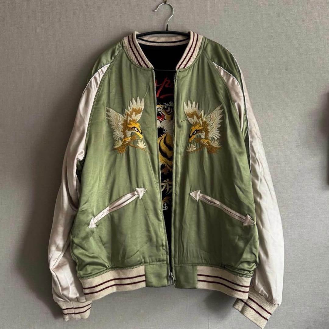 【2XL】リバーシブル別珍虎とサテン鷹刺繍 Japanスカジャン