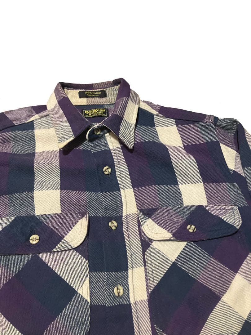80s オシュコシュ ヘビーネルシャツ パープルカラー ブロックチェック アメ製