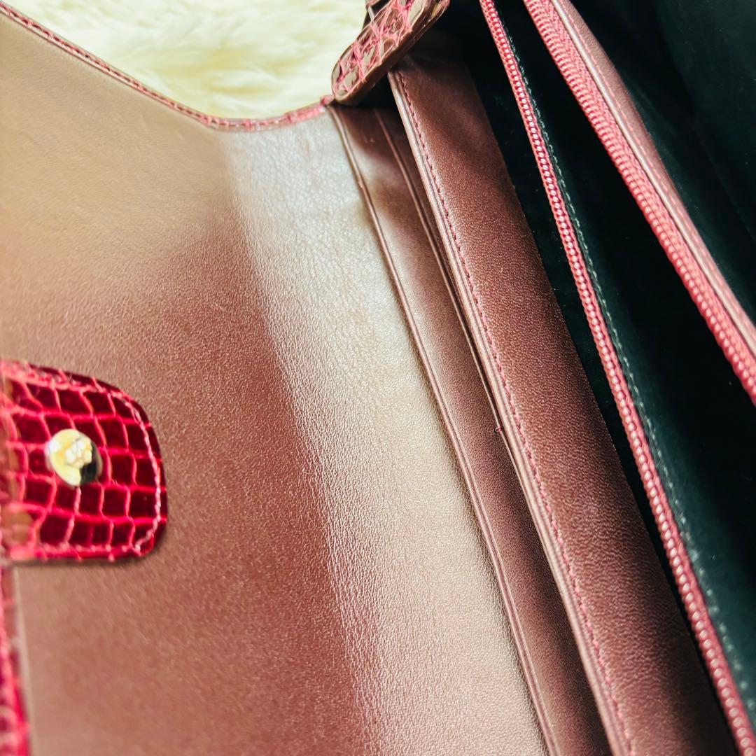 ＪＲＡ シャイニークロコダイル 長財布 ワインレッド 穿孔 クロコダイル 財布