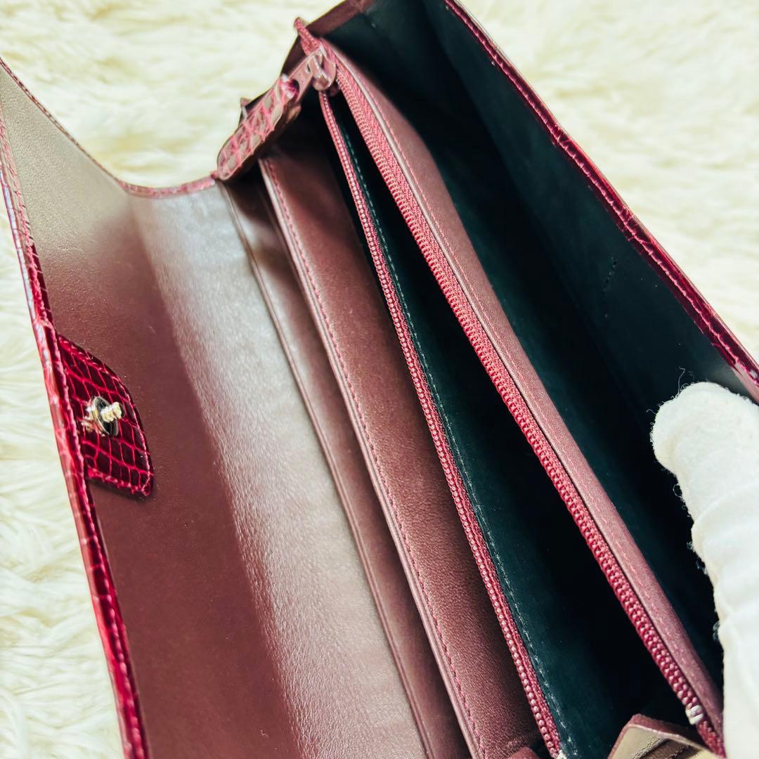 ＪＲＡ シャイニークロコダイル 長財布 ワインレッド 穿孔 クロコダイル 財布