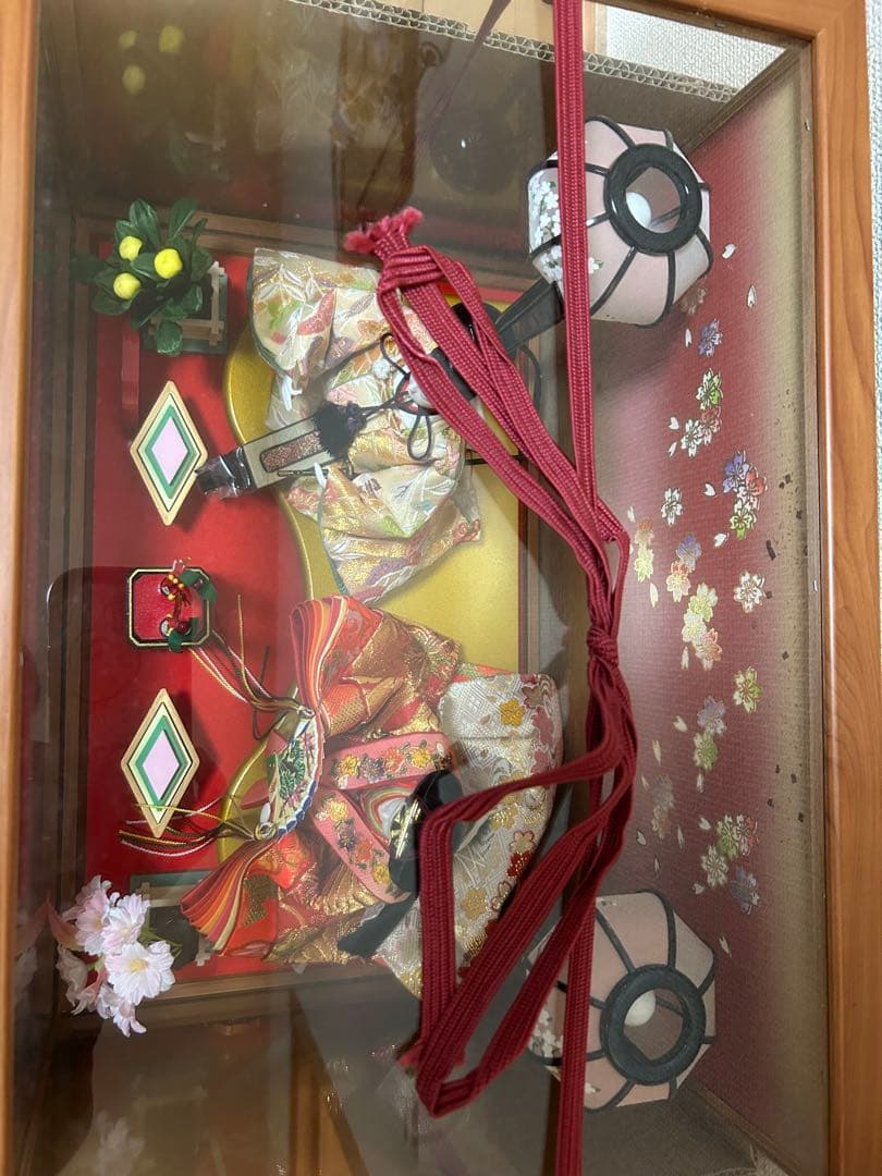 雛人形　桜塗2人 慶山　二人飾り（ガラスケース）オルゴール、ライト付