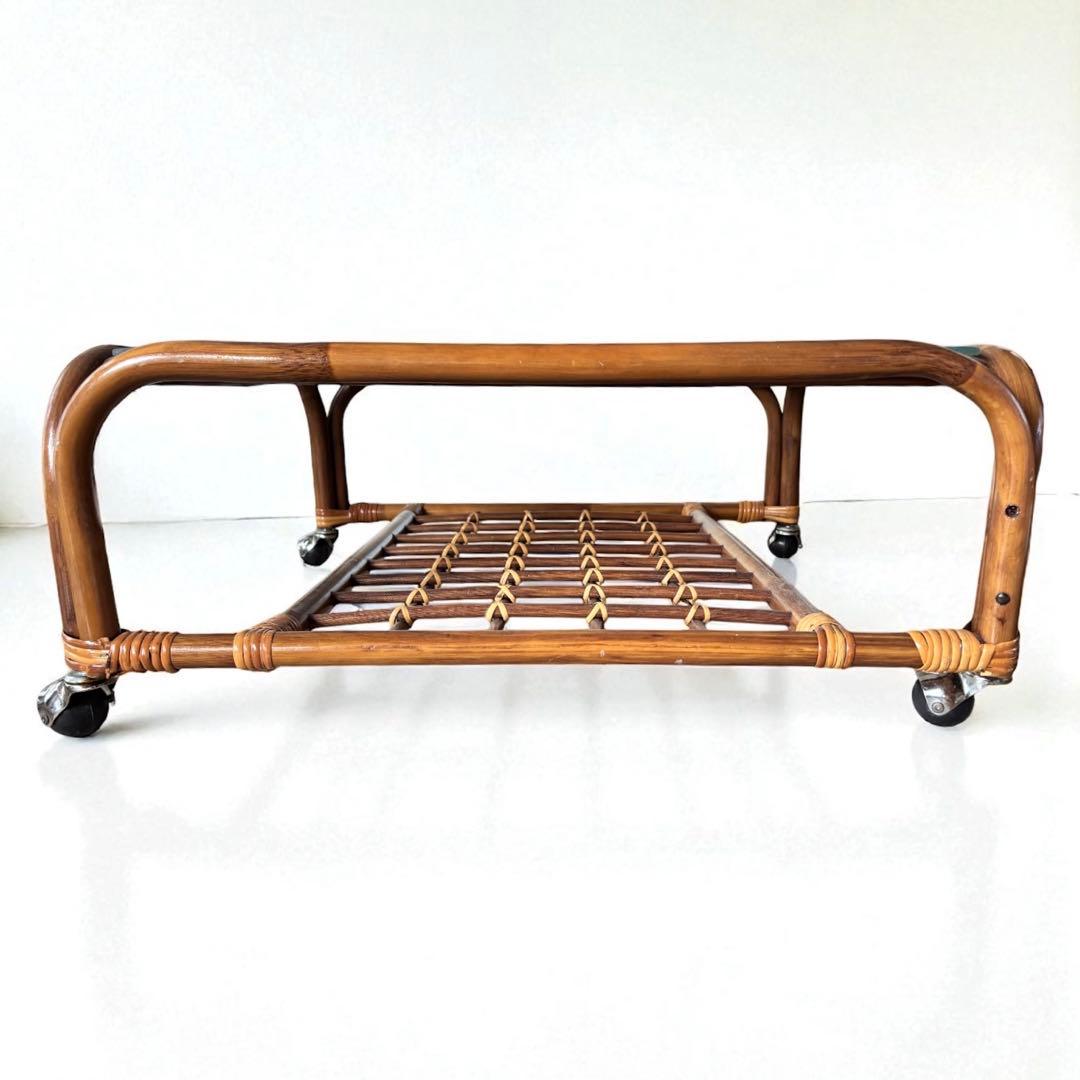 ラタン ローテーブル ガラス天板 キャスター付き ヴィンテージ