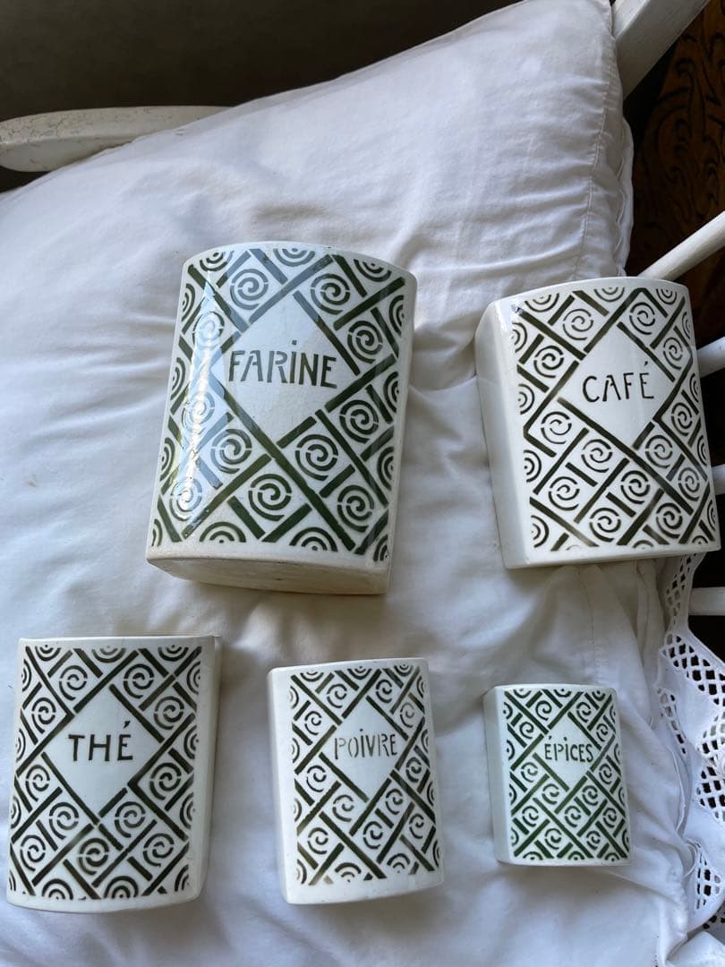 フランス　アンティーク 陶器キャニスター　5個　オリーブ色　モス　グリーン　レア