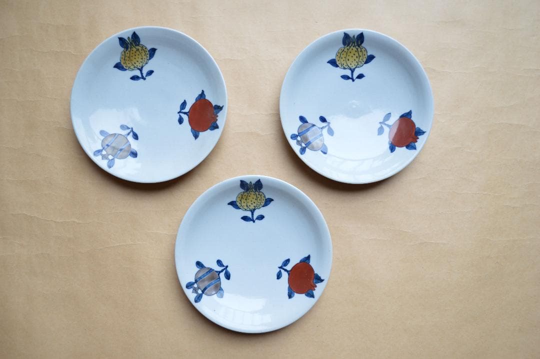 上の畑焼　伊藤瓢堂　色絵三多紋皿　三枚　真作保証