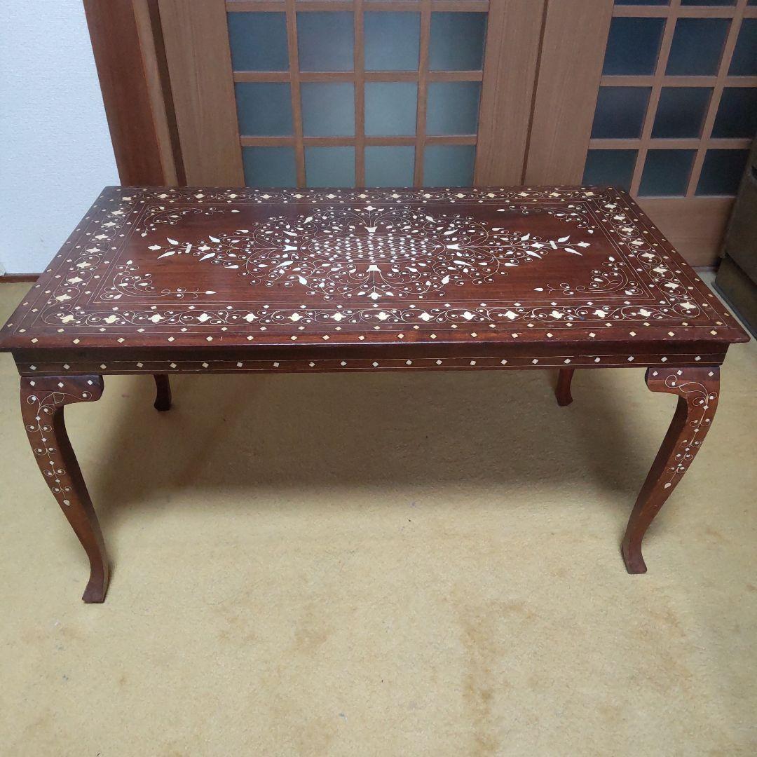 木製テーブル 象嵌細工 ダークブラウン