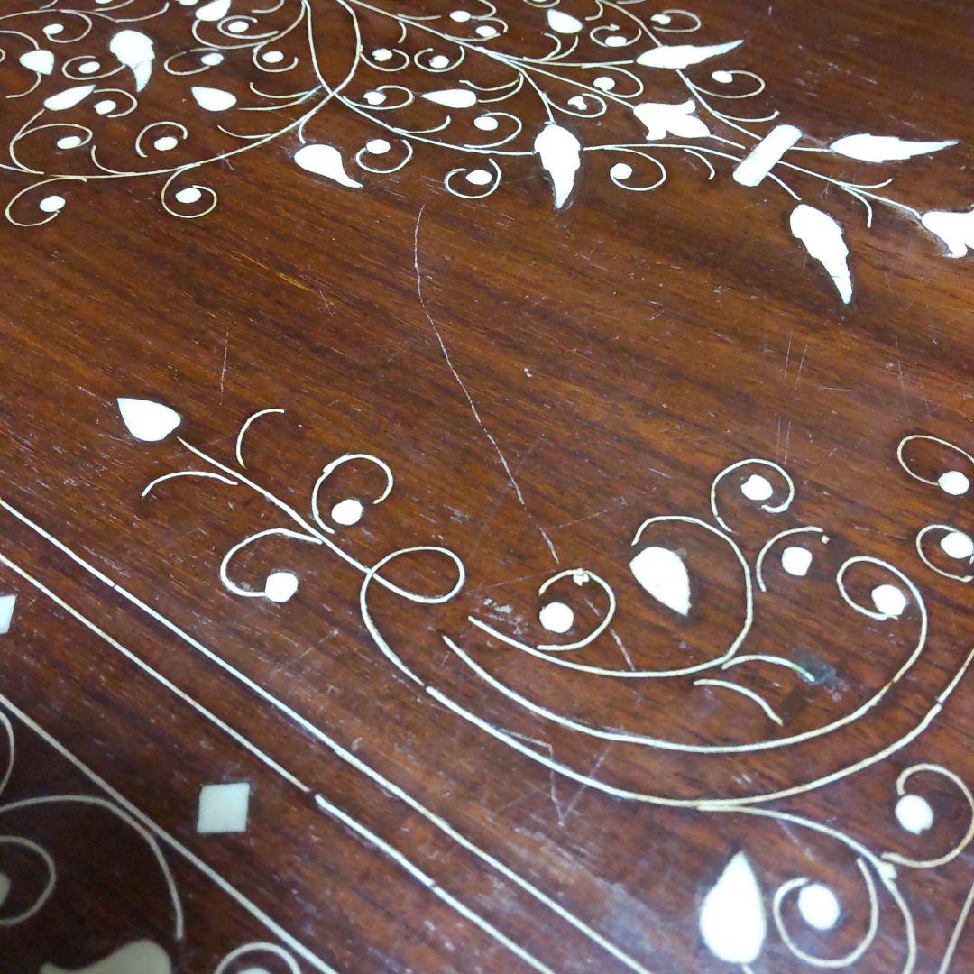 木製テーブル 象嵌細工 ダークブラウン