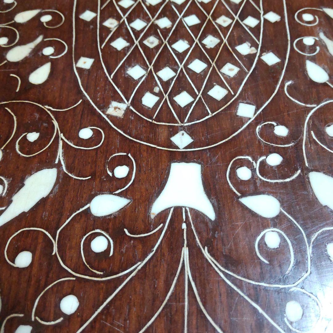 木製テーブル 象嵌細工 ダークブラウン