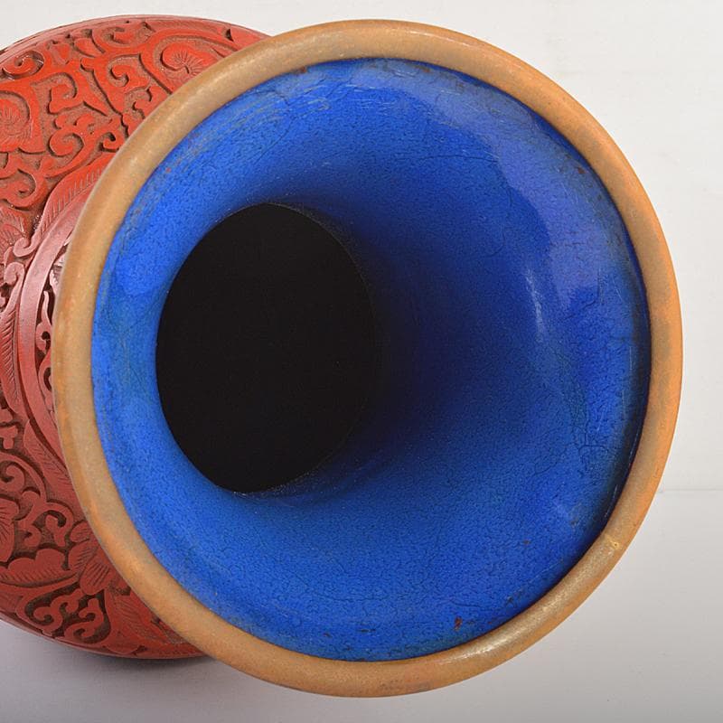 中国　剔紅　堆朱　内七宝　花文瓶　高さ約39㎝　唐木台付　Y　R7494B