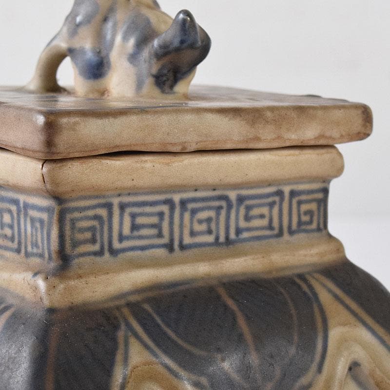 中国　青花　雷文　犬摘　四方香炉　時代箱付　M　R8380