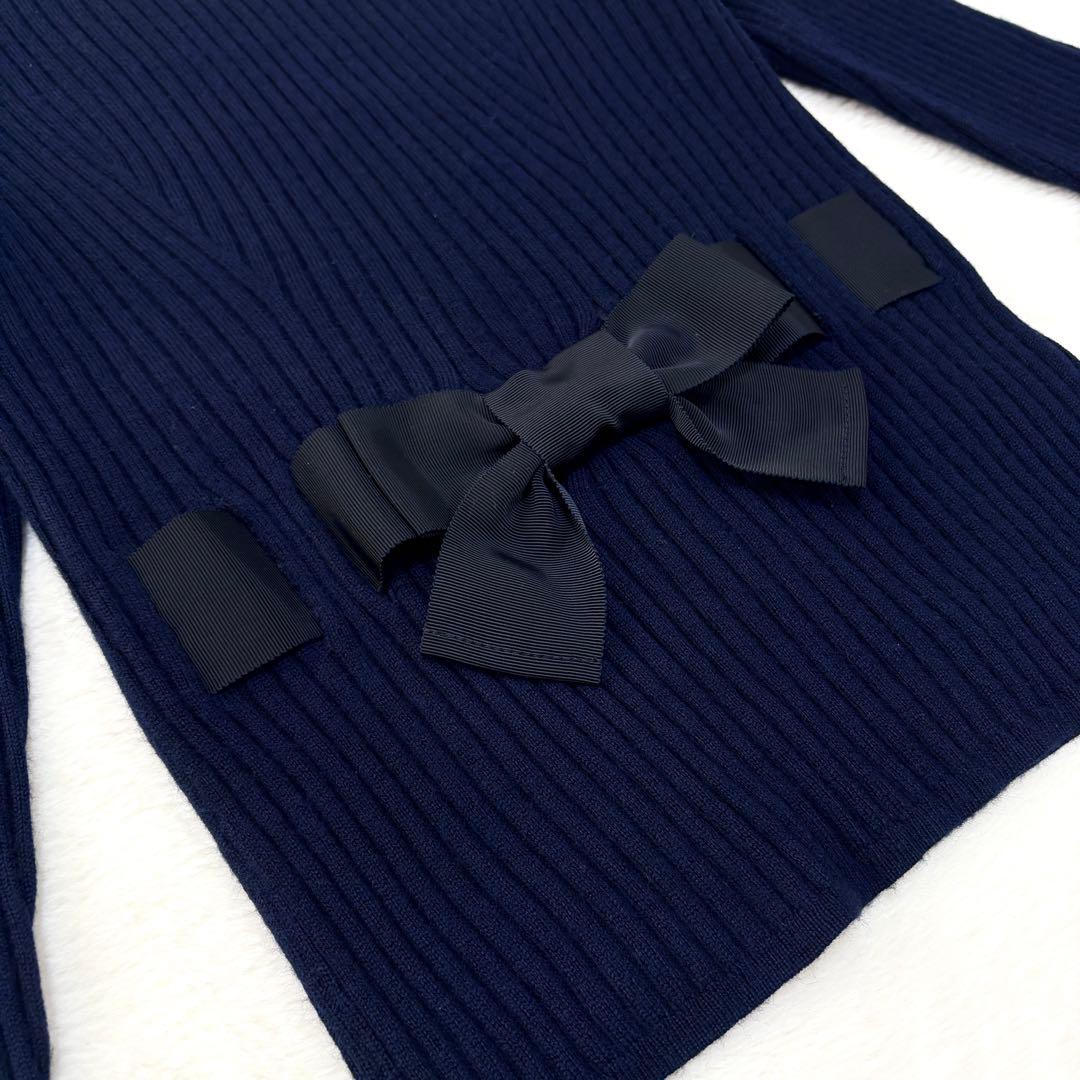 【エムズグレイシー】40 ウール リブ ニット ネイビー リボン クルーネック