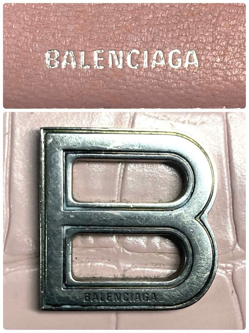 バレンシアガ　アワーグラス　クロコ型押し　レザー　三つ折り財布　Bロゴ　ピンク