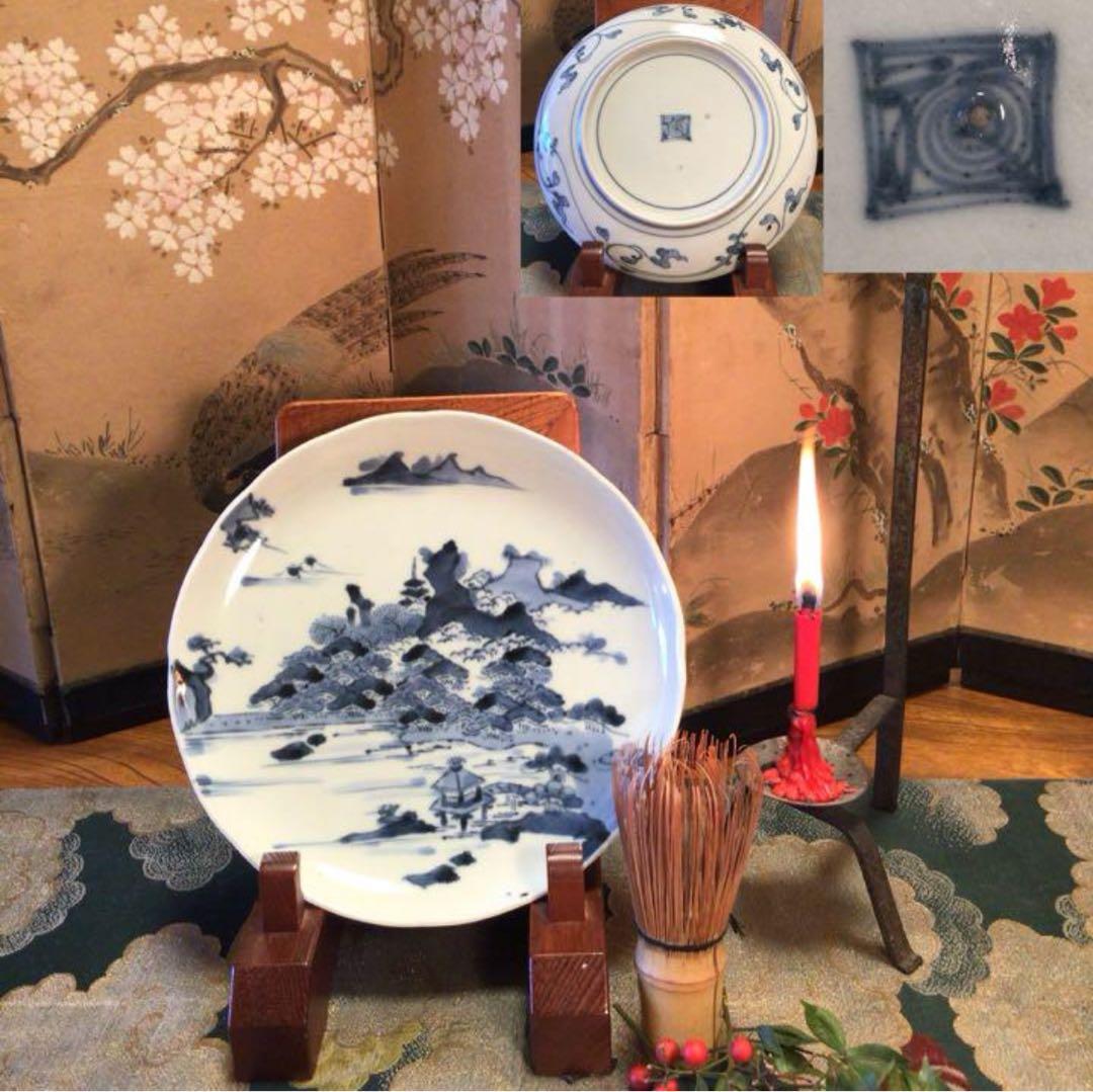 A891 古伊万里　柿右衛門　染付　「近江八景図」　輪花型　6寸皿　１枚