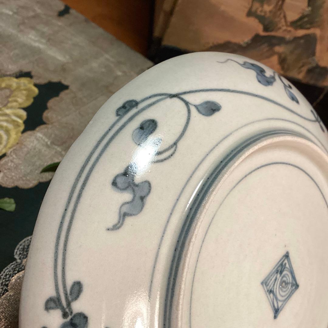 A891 古伊万里　柿右衛門　染付　「近江八景図」　輪花型　6寸皿　１枚