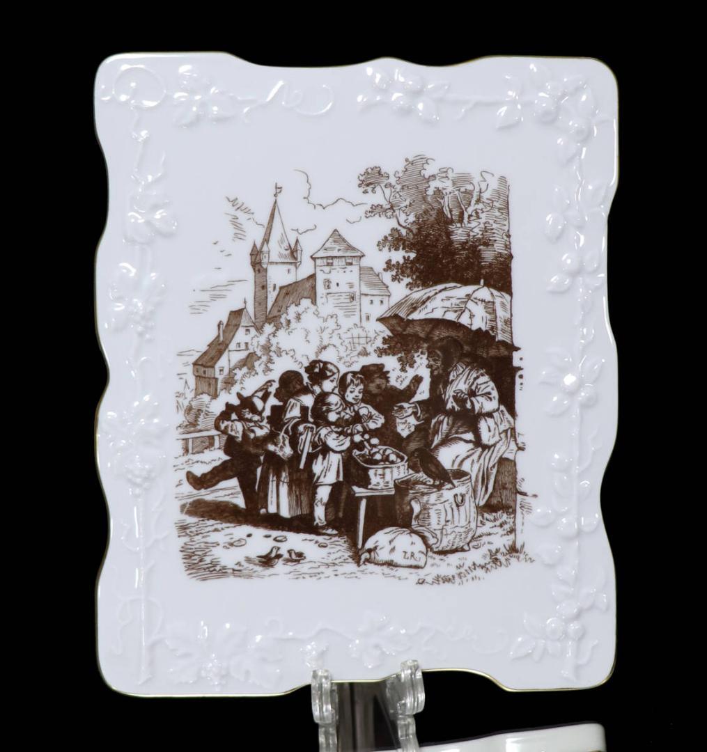 マイセン 世界限定版 1級品 壁掛け飾り皿 プラーク 金彩 陶板画 市場の女性