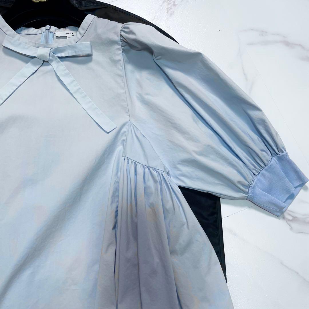 23SS✨yori サイドギャザーパフブラウス リボン パフスリーブ 近年モデル