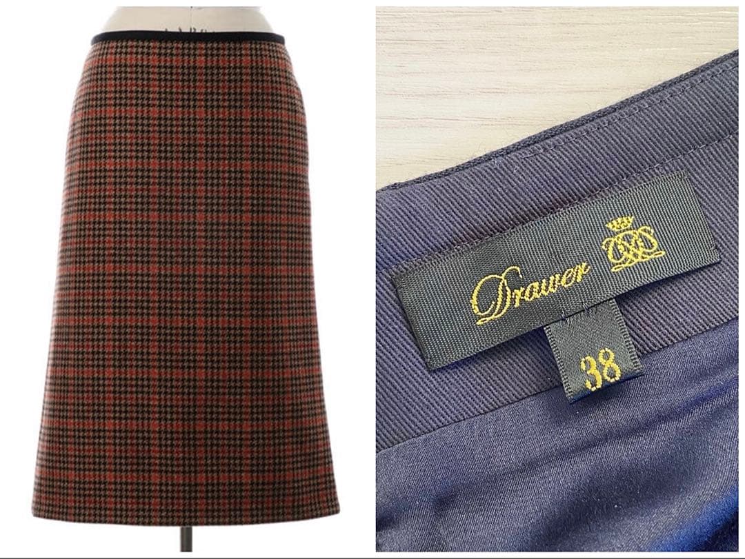 美品 DRAWER イタリア生地 セミタイトチェックスカート 定価55000円