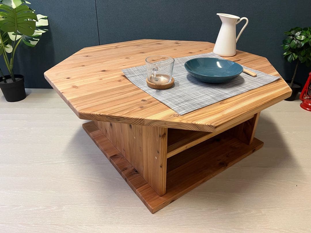 【送料無料】 ローテーブル 八角形 90cm 杉 ナチュラル 棚付き