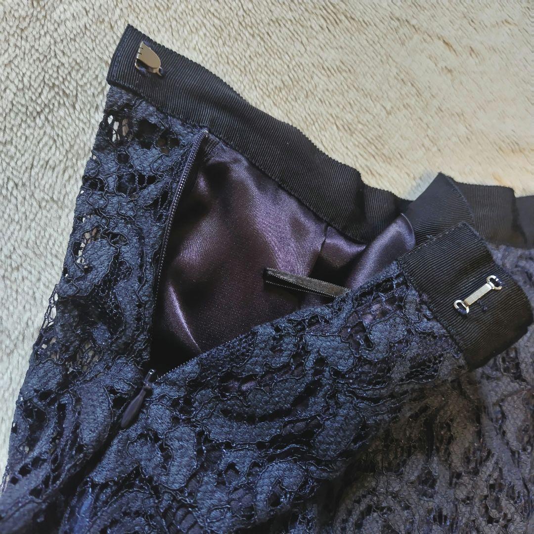 美品 ANAYI アナイ ジャガードレースプリーツスカート 濃ネイビー 38
