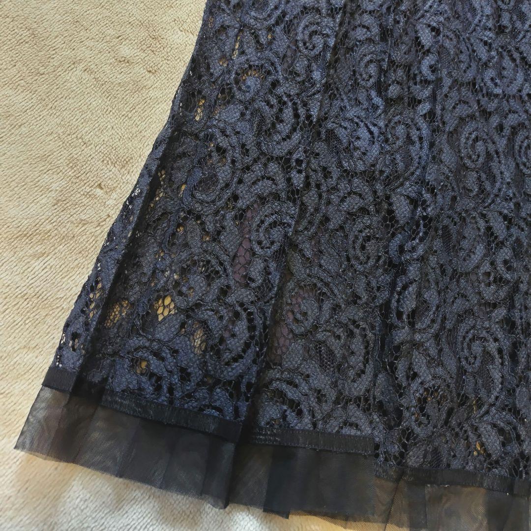 美品 ANAYI アナイ ジャガードレースプリーツスカート 濃ネイビー 38
