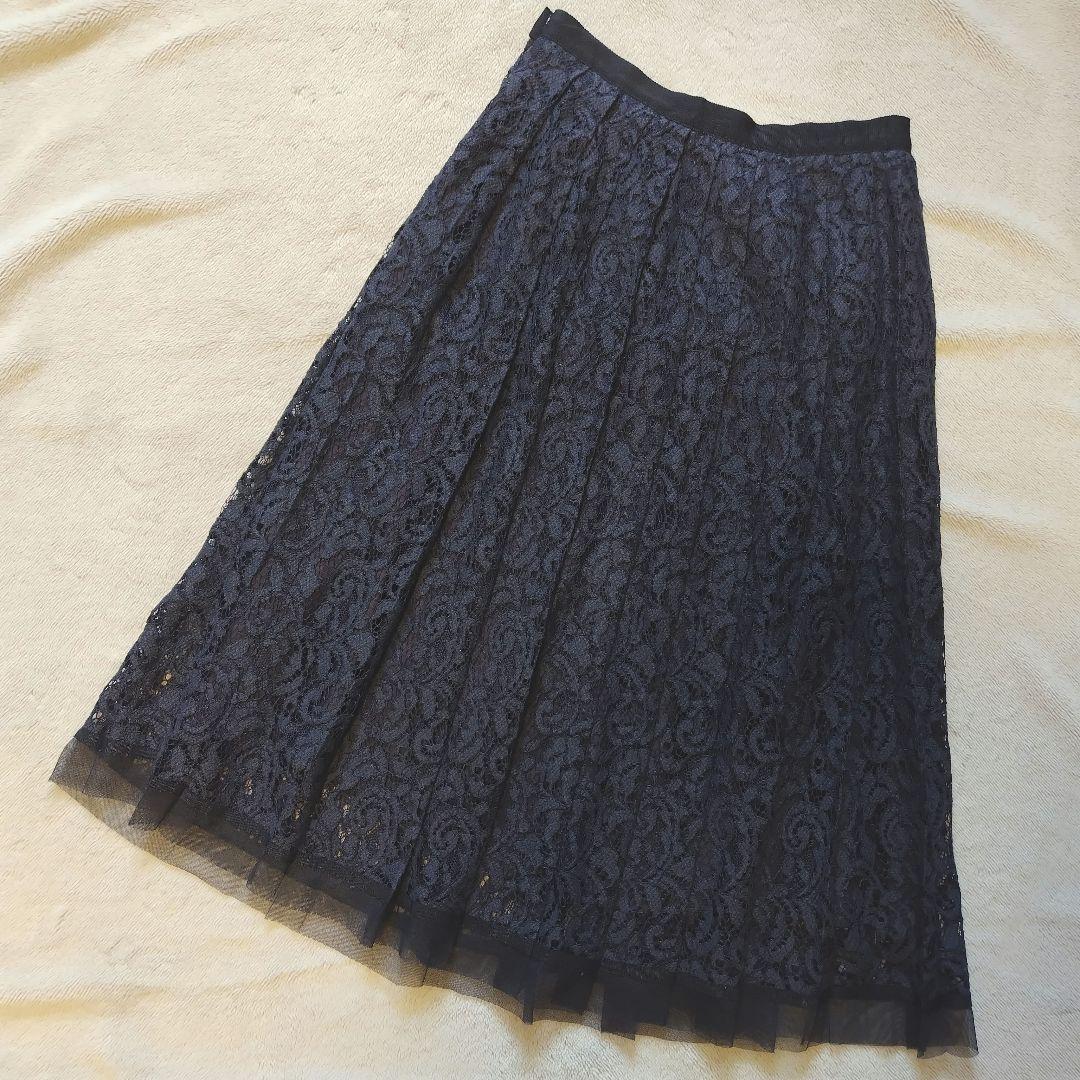美品 ANAYI アナイ ジャガードレースプリーツスカート 濃ネイビー 38