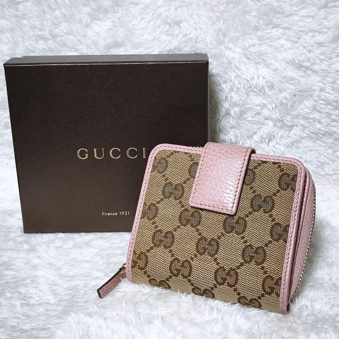 極美品✨ GUCCI GGキャンバス 二つ折り財布 ラウンドジップ ピンク