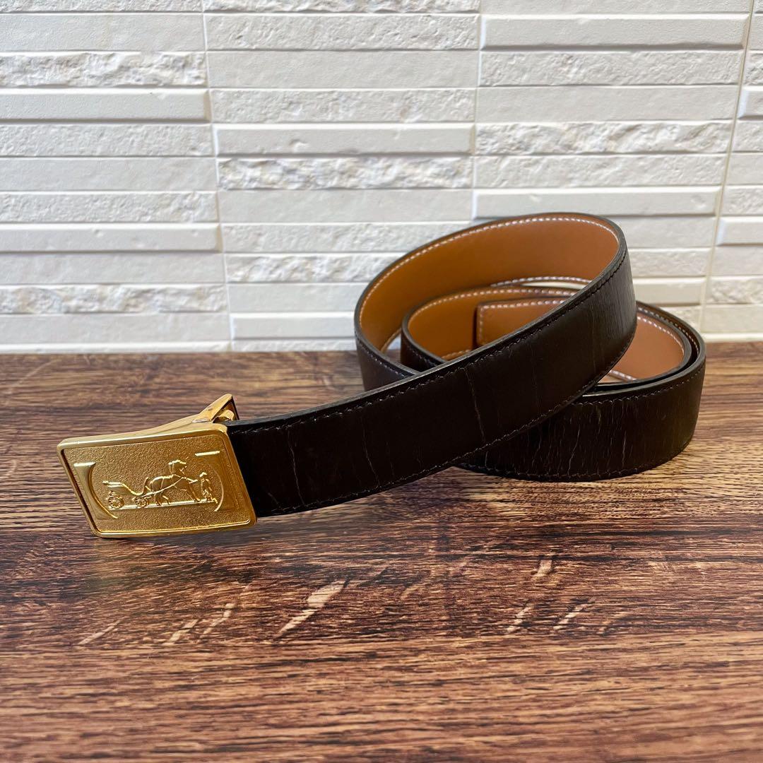 エルメス レザー 馬車金具 バックル ゴールド金具 ベルト ダークブラウン.