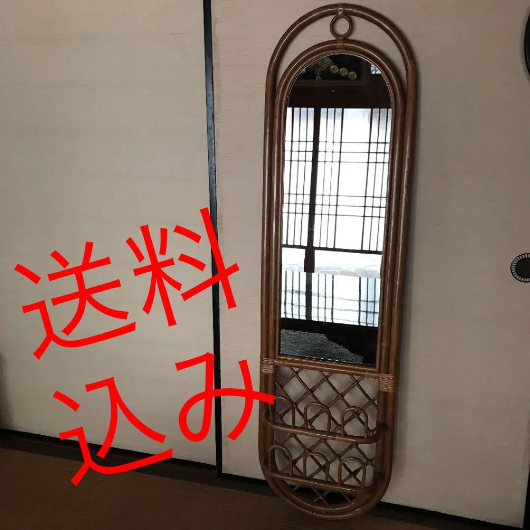 ラタン　ミラー　壁掛け　鏡　籐　姿見　スリッパラック付