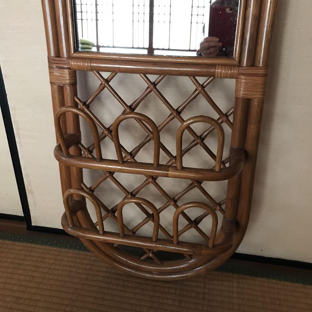 ラタン　ミラー　壁掛け　鏡　籐　姿見　スリッパラック付