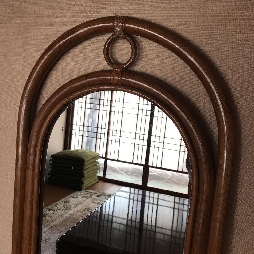 ラタン　ミラー　壁掛け　鏡　籐　姿見　スリッパラック付