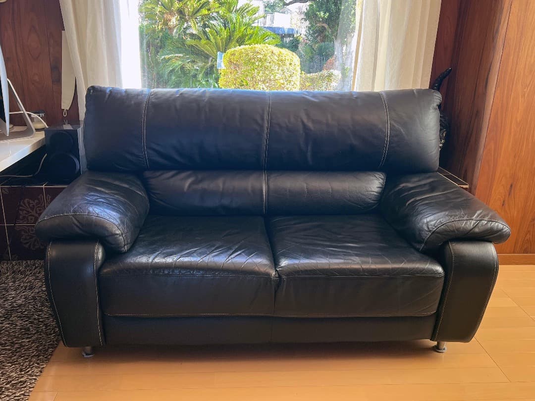 2人がけソファ 天然皮革　ブラック