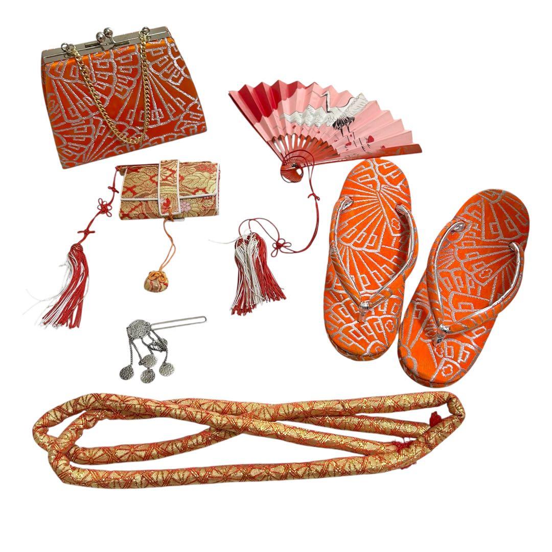 着物　七五三　7歳　女の子　13点　フルセット　赤色　御所車　四季草花　金彩