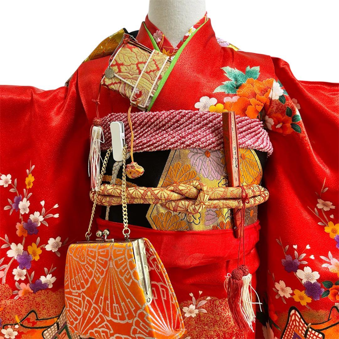 着物　七五三　7歳　女の子　13点　フルセット　赤色　御所車　四季草花　金彩