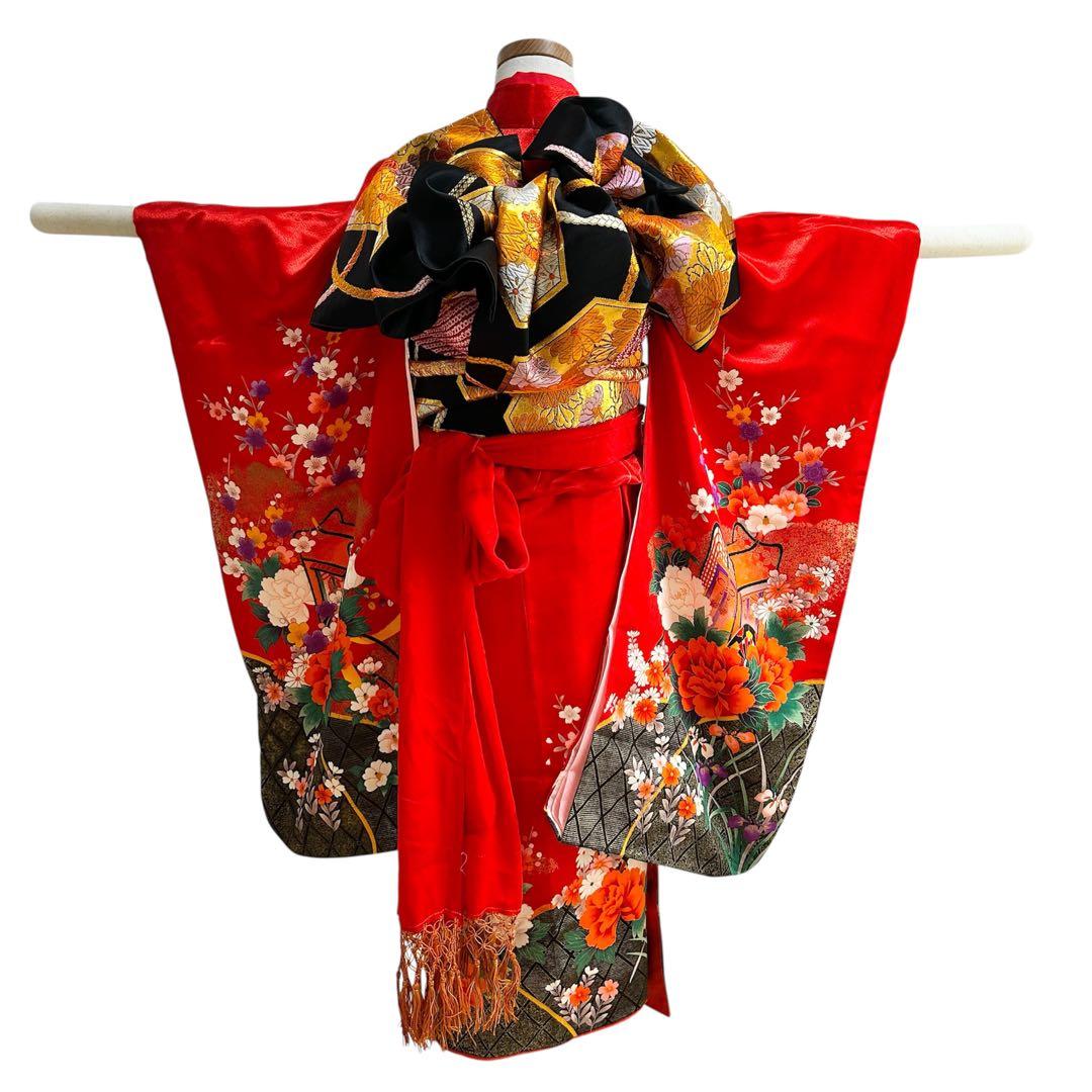 着物　七五三　7歳　女の子　13点　フルセット　赤色　御所車　四季草花　金彩