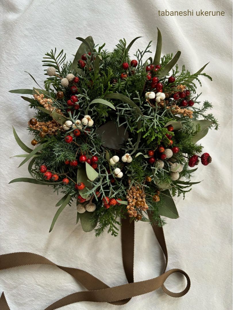 モミの木と赤い野バラの実や数種類の針葉樹を紡いだ可愛らしい　クリスマス　リース