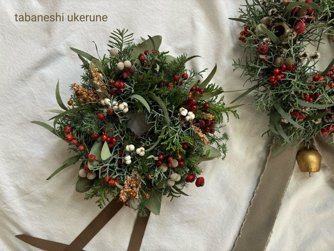 モミの木と赤い野バラの実や数種類の針葉樹を紡いだ可愛らしい　クリスマス　リース
