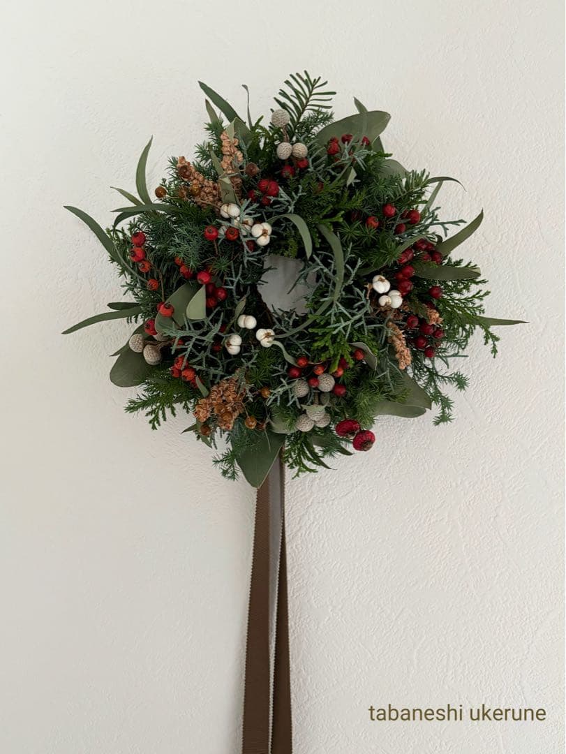 モミの木と赤い野バラの実や数種類の針葉樹を紡いだ可愛らしい　クリスマス　リース