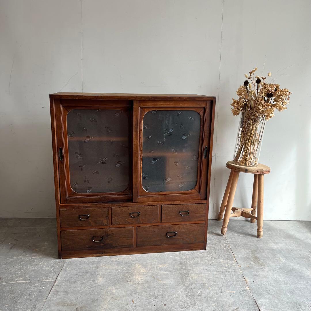 アンティーク ガラス 戸棚 キャビネット 飾り棚 昭和レトロ 無垢材 z499