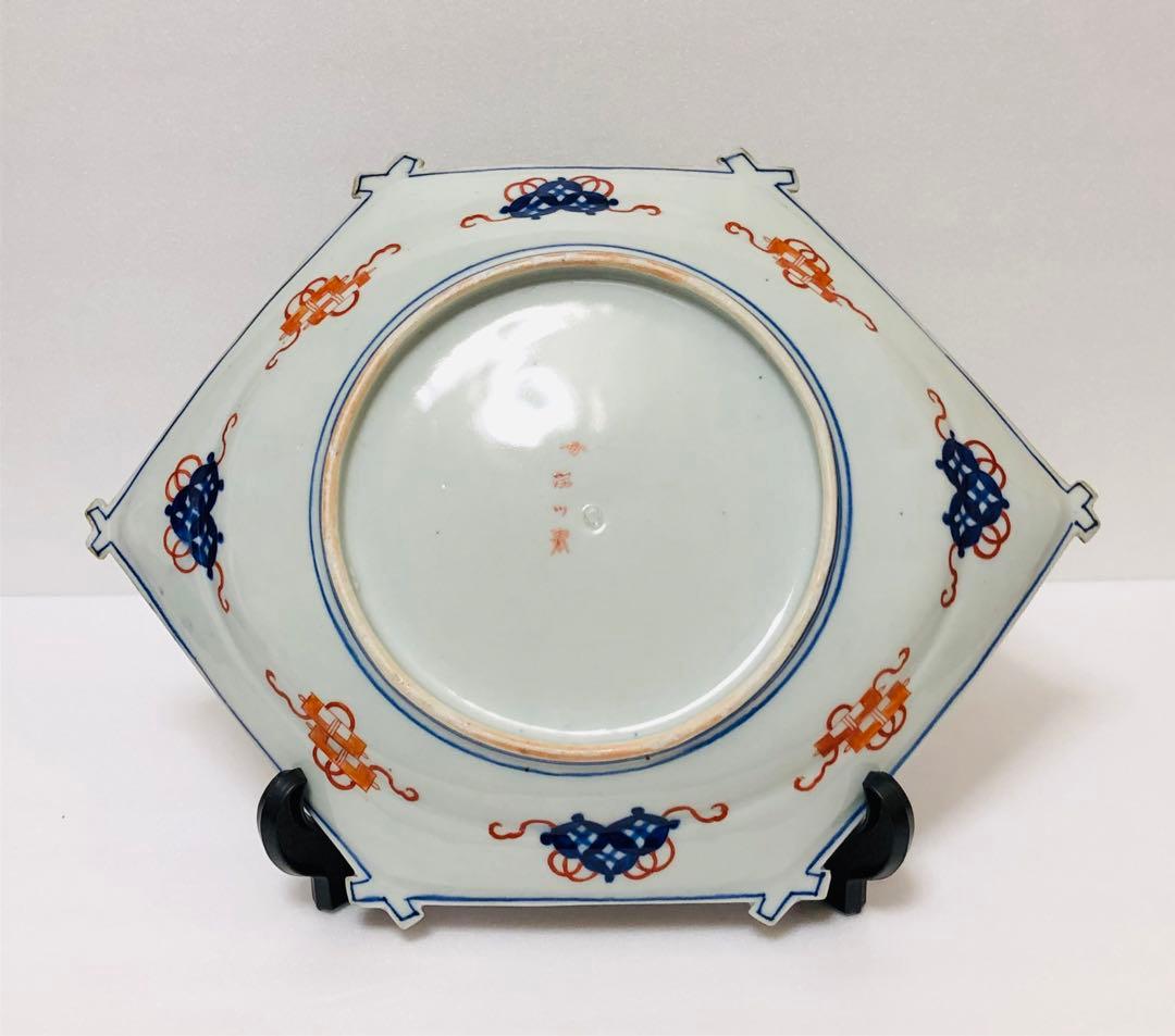 明治初期 香蘭社 色絵褐地青海波鳥竹文 ブラックホーソン六角大皿