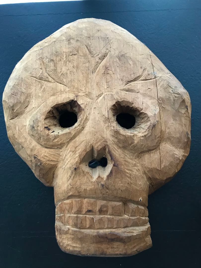 希少 骨董 在銘 髑髏 ドクロ 木彫り 一刀彫り 置物 オブジェ 昭和 時代