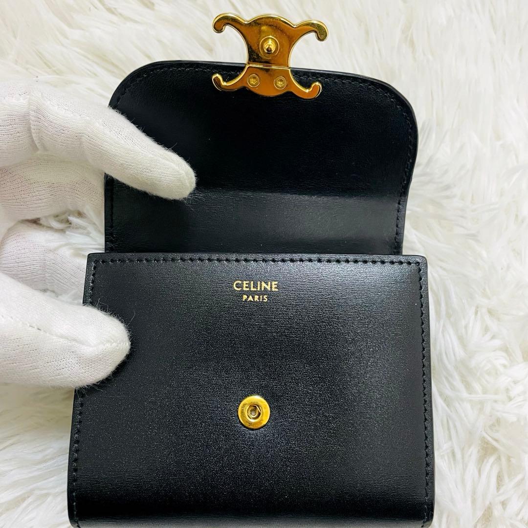 極美✨セリーヌ 三つ折り財布 トリオンフ レザー ブラック ゴールド