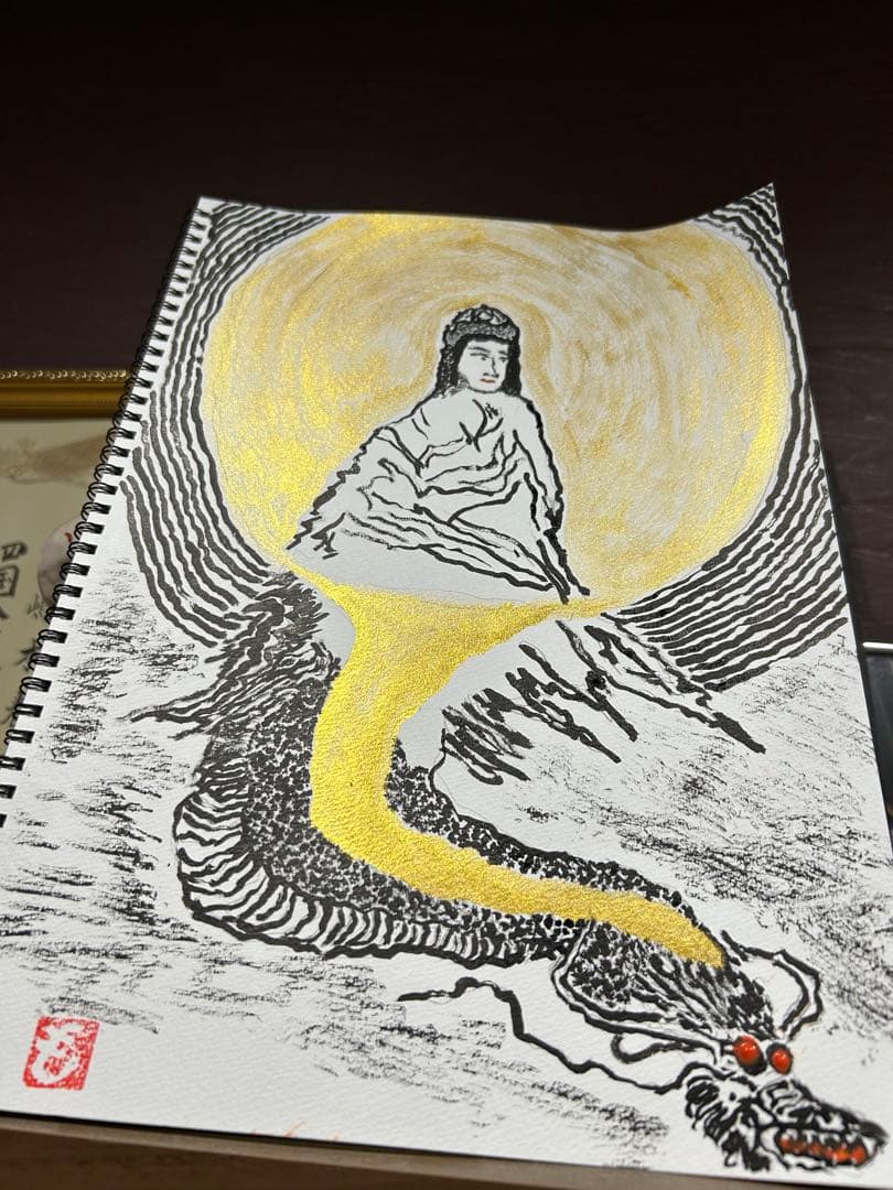 氏神さまと龍の墨絵アート作品