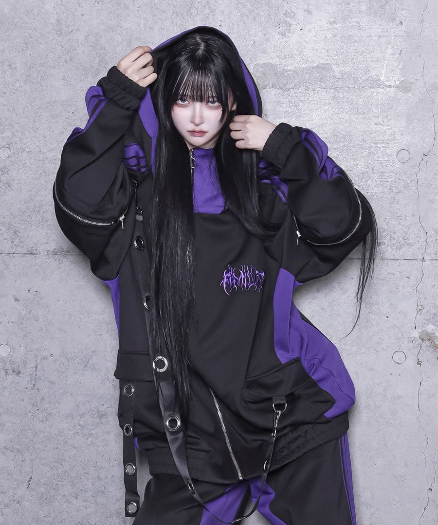 amilige ハトメベルト付きライン入りZIPトップス　ブラック/パープル