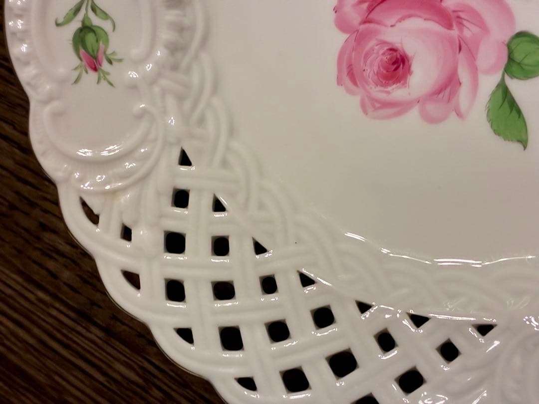 マイセン　ピンクローズ　21cm レース　プレート 金彩エッジ